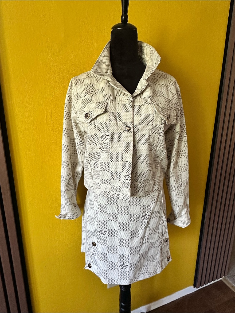 Light Cream Checked Women's denim jacket, and mini skirt